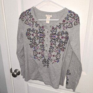Sundance Gray Embroidered Henley Top Size Medium Floral